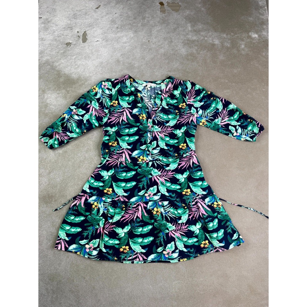 LOFT Tiered Mini Dress Womens MP Green Tropical Palm Tie Waist Split V-Neck